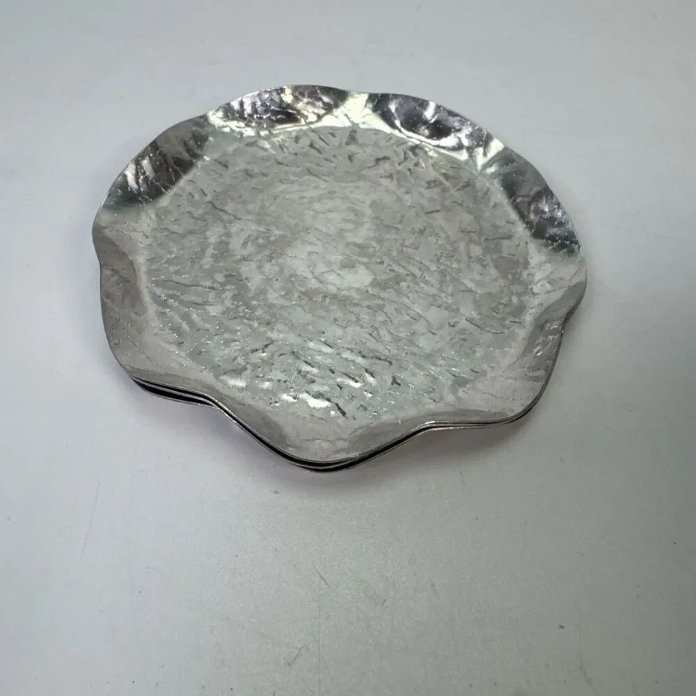 VTG 1950s Hammered Aluminum Set 3 Coasters Scalloped Rim Silver 4